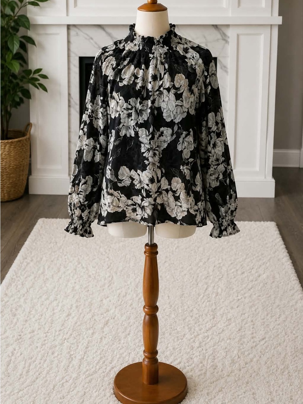 SALE 4/$20 - Floral Smocked Neck Black & White Women's Blouse